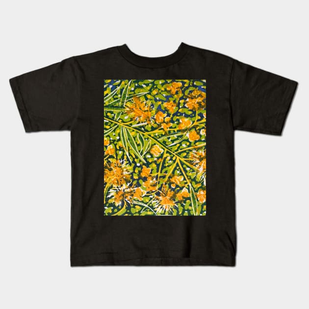 Wattle. a multicolour reduction Linocut by Geoff Hargraves Kids T-Shirt by gjhargraves